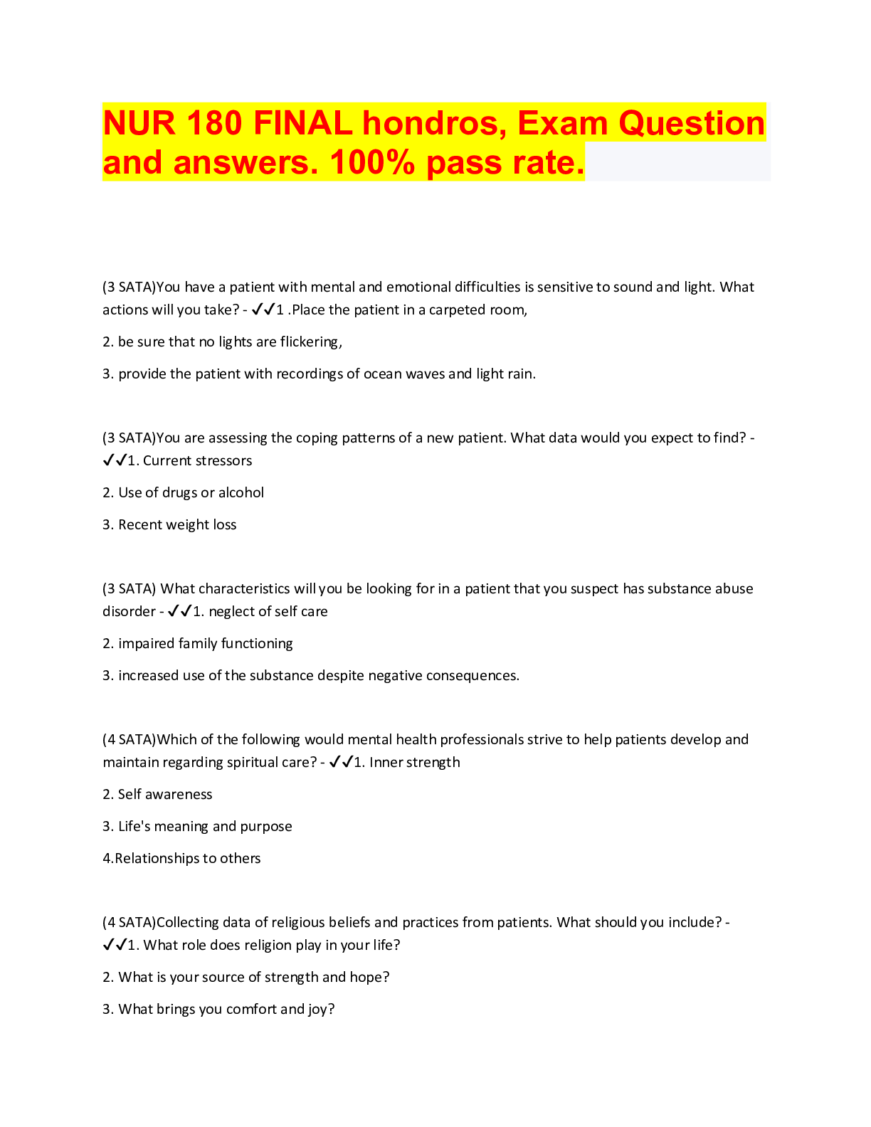 Preview of NUR 180 FINAL hondros, Exam Question and answers. 100% pass rate.